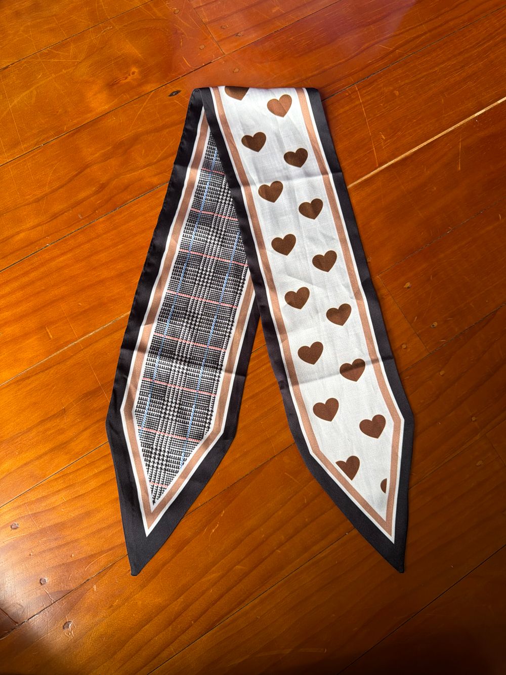Brown And White Heart And Plaid Print double sided Twilly Scarf