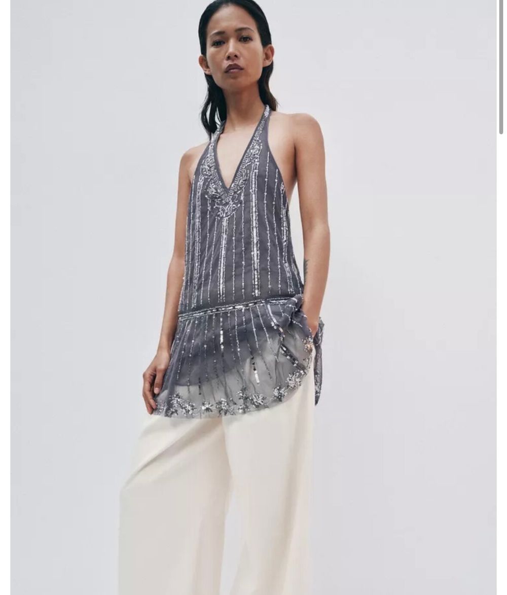 zara silver ruffle dress ZARA NWT WOMAN SS25 SEQUIN RUFFLE MINI DRESS OYSTER-WHITE | 3658/849