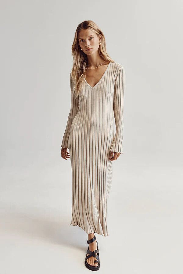 knit dress with side slits Beige Side Slit Maxi Sweater Dress main image 0