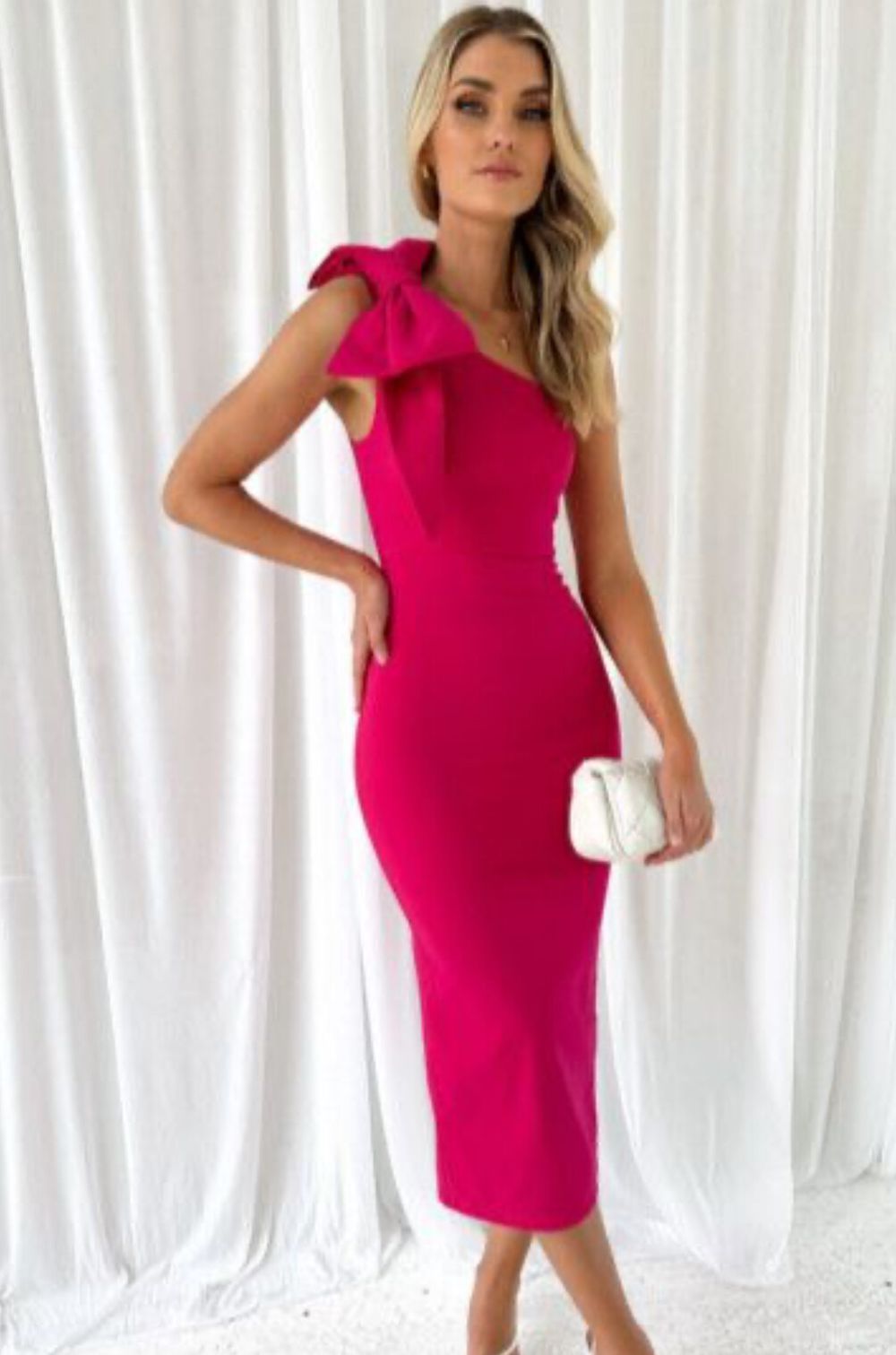Gingham & Heels - Hot Pink One Shoulder Midi Dress on Designer Wardrobe