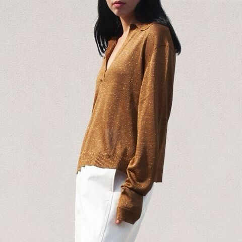 Gold metallic long sleeve polo top