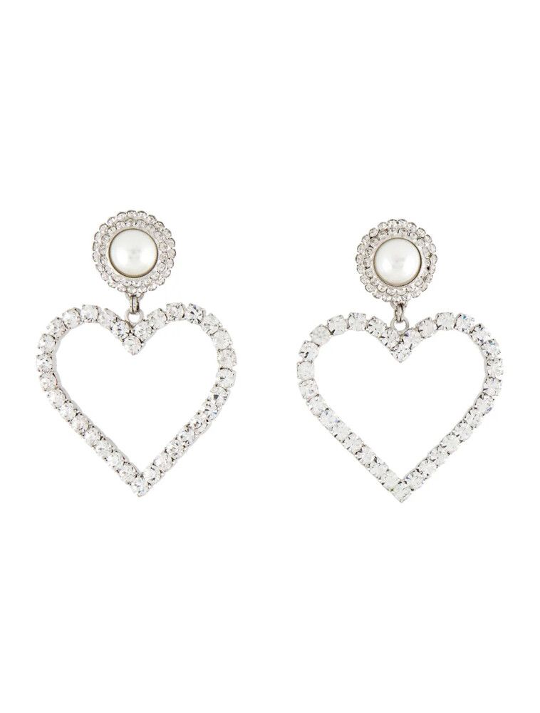 Alessandra Rich Pearl & Crystal Heart Drop Earrings