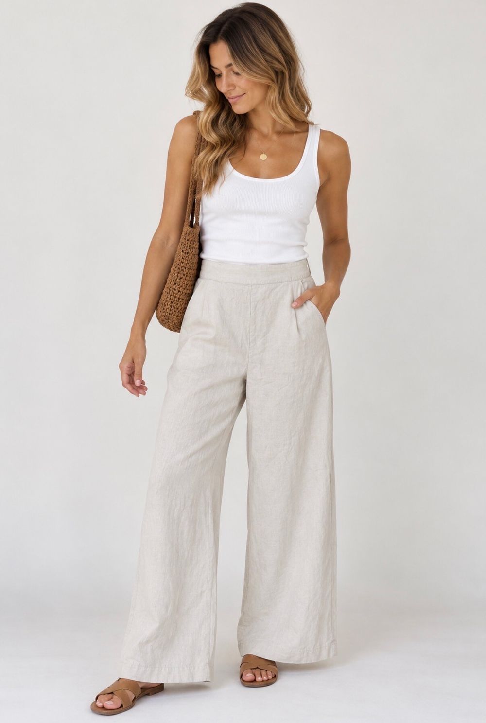 Sportsgirl Beige Wide Leg Linen Pants
