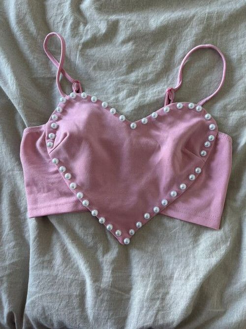 Pink Heart Crop Top With Pearls