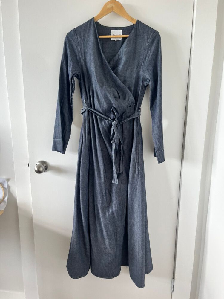 grey check dress Steele Puff Sleeve Midi Dress - Dark Denim main image 0