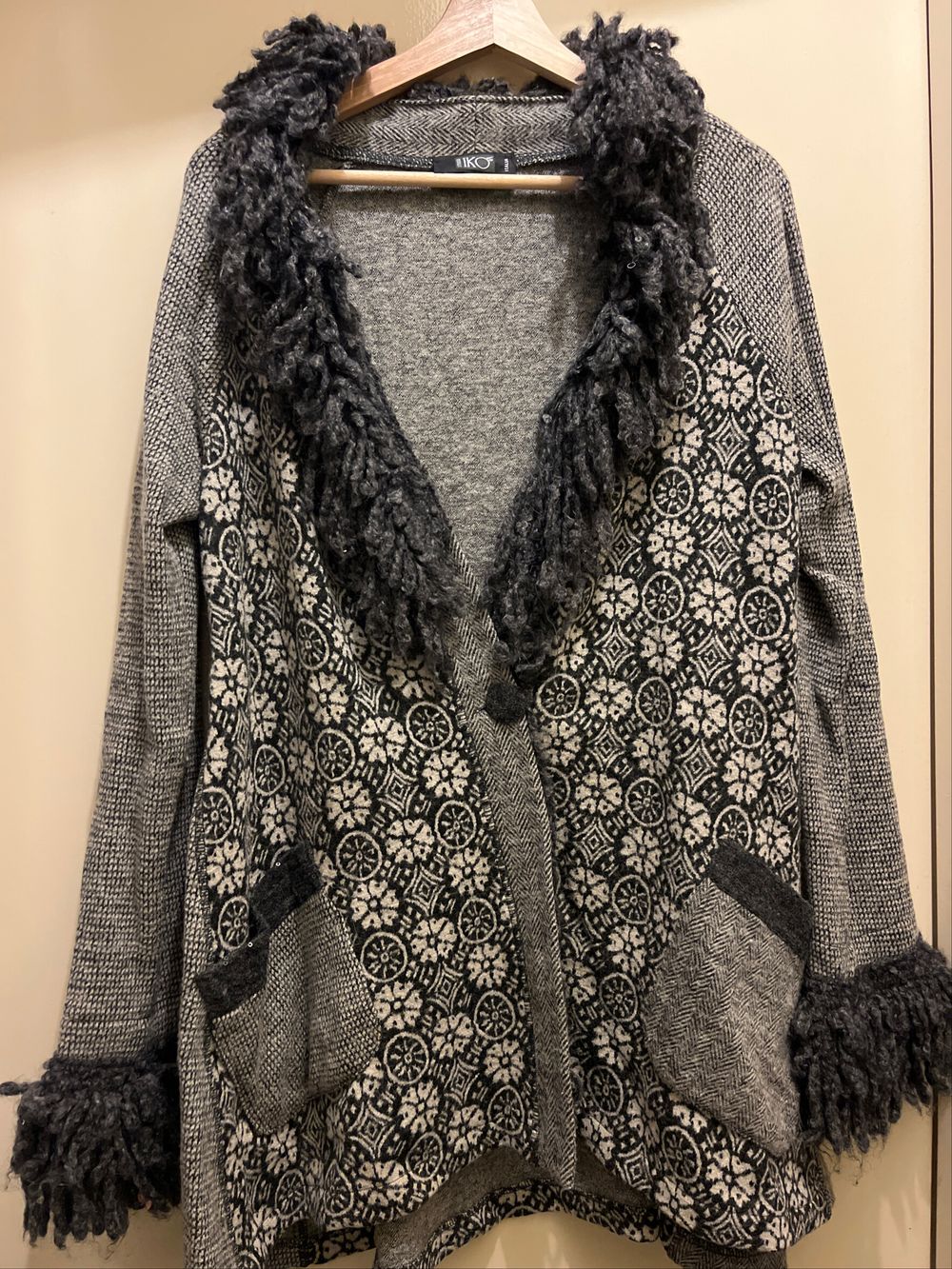 Studio IKO Italia Wool Jacket With Wool Shaggy Trim, Sequin Button & Pockets