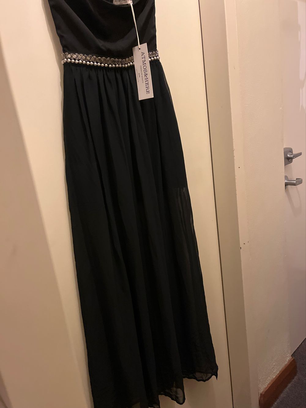 Atmosphere Long Black Evening Dress With Beaded Detail Short Underskirt With Sheer Fabric From Waist To Floor Side Splits