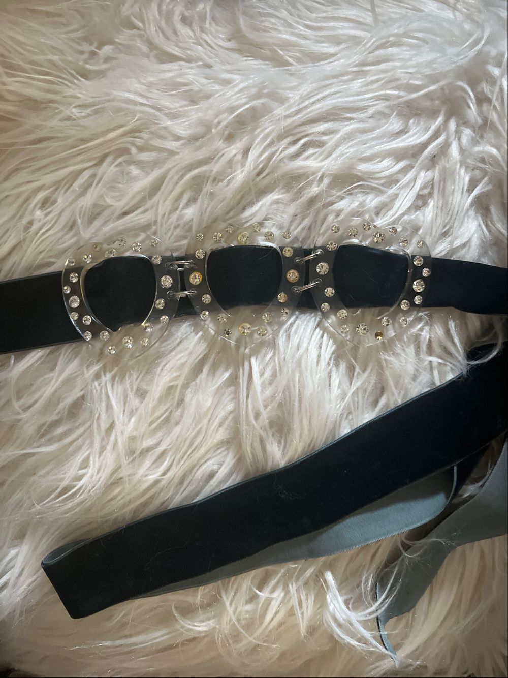 Alannah Hill Heart Belt With 3 Clear Sparkles Hearts On Dark Green Velvet Ribbon