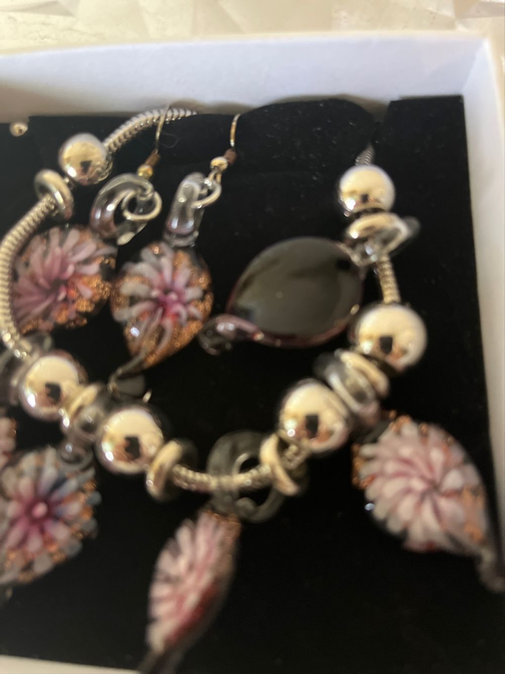 Handmade Glass Boho Necklace & Matching Earrings ( Pierced). Pink Flowers Set In Glass