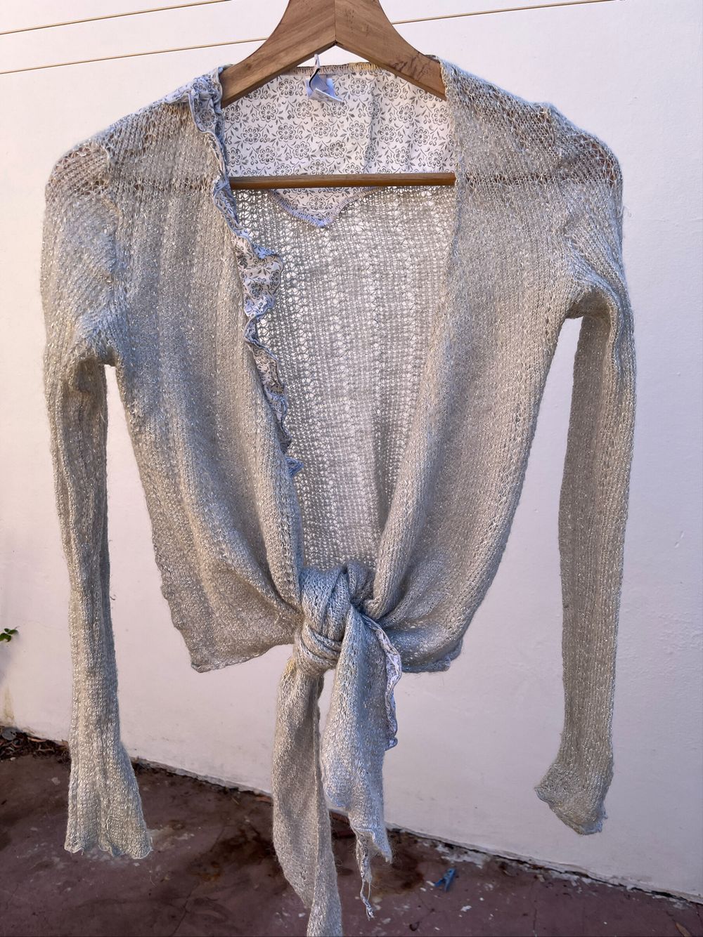 Bien Fee Pour Toi Paris Silver Lurex Knit Wrap Tie Cardi