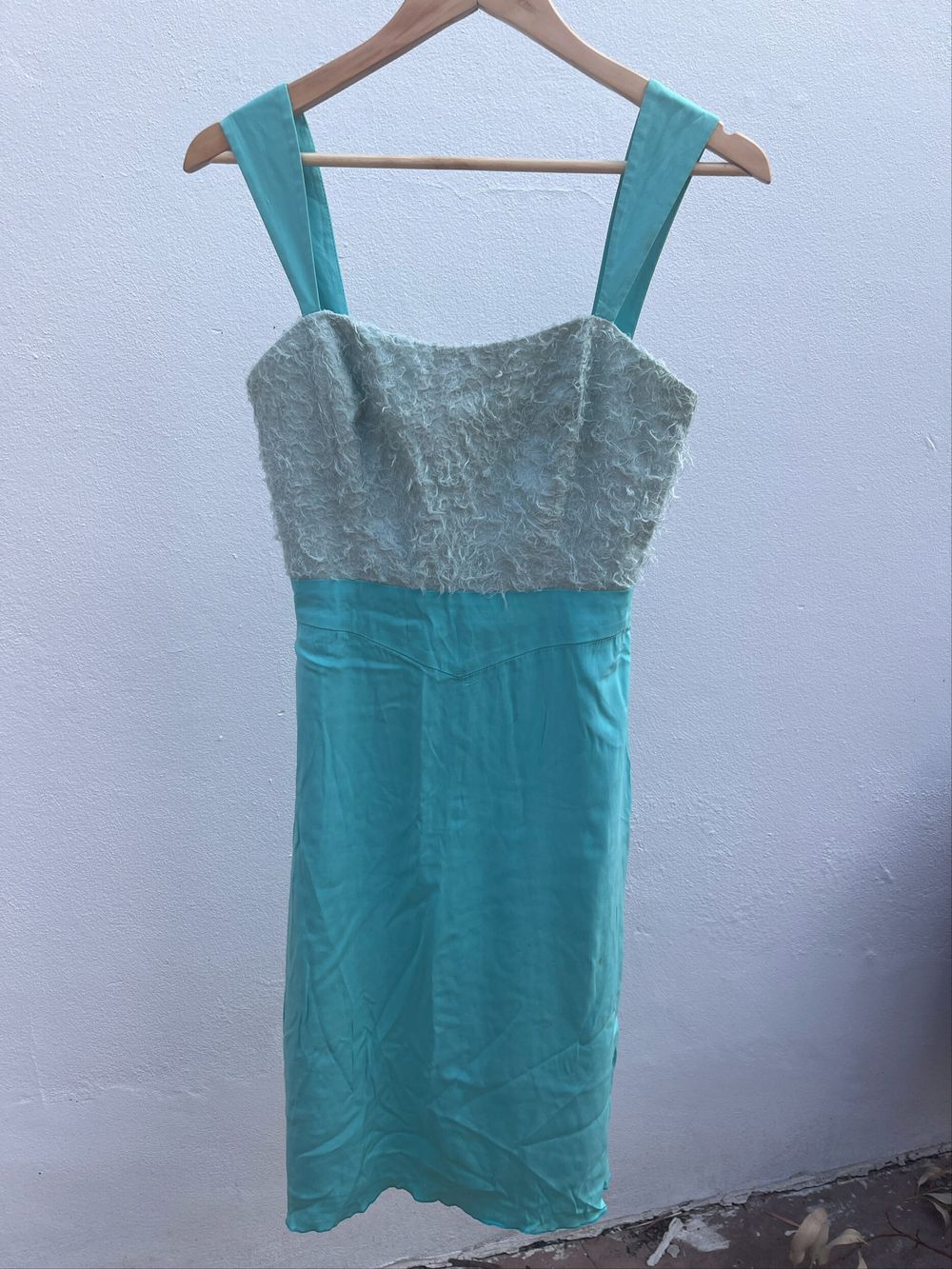 Jayson Brunsdon Couture Turquoise Silk Dress With Pale Blue Faux Fur Bodice