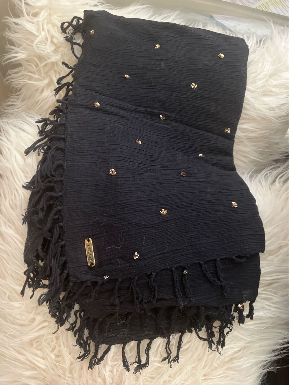 Rusty Surf Label Black Fringe Sarong With Gold Sequins Design One Size