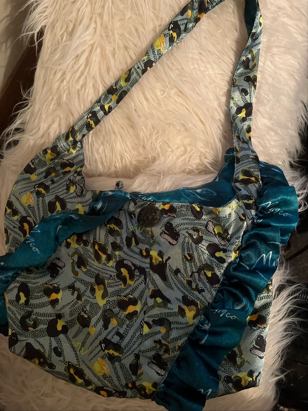 Mimco Satin Look Fabric Bag , Blue / Turquoise Reversible Bag Design