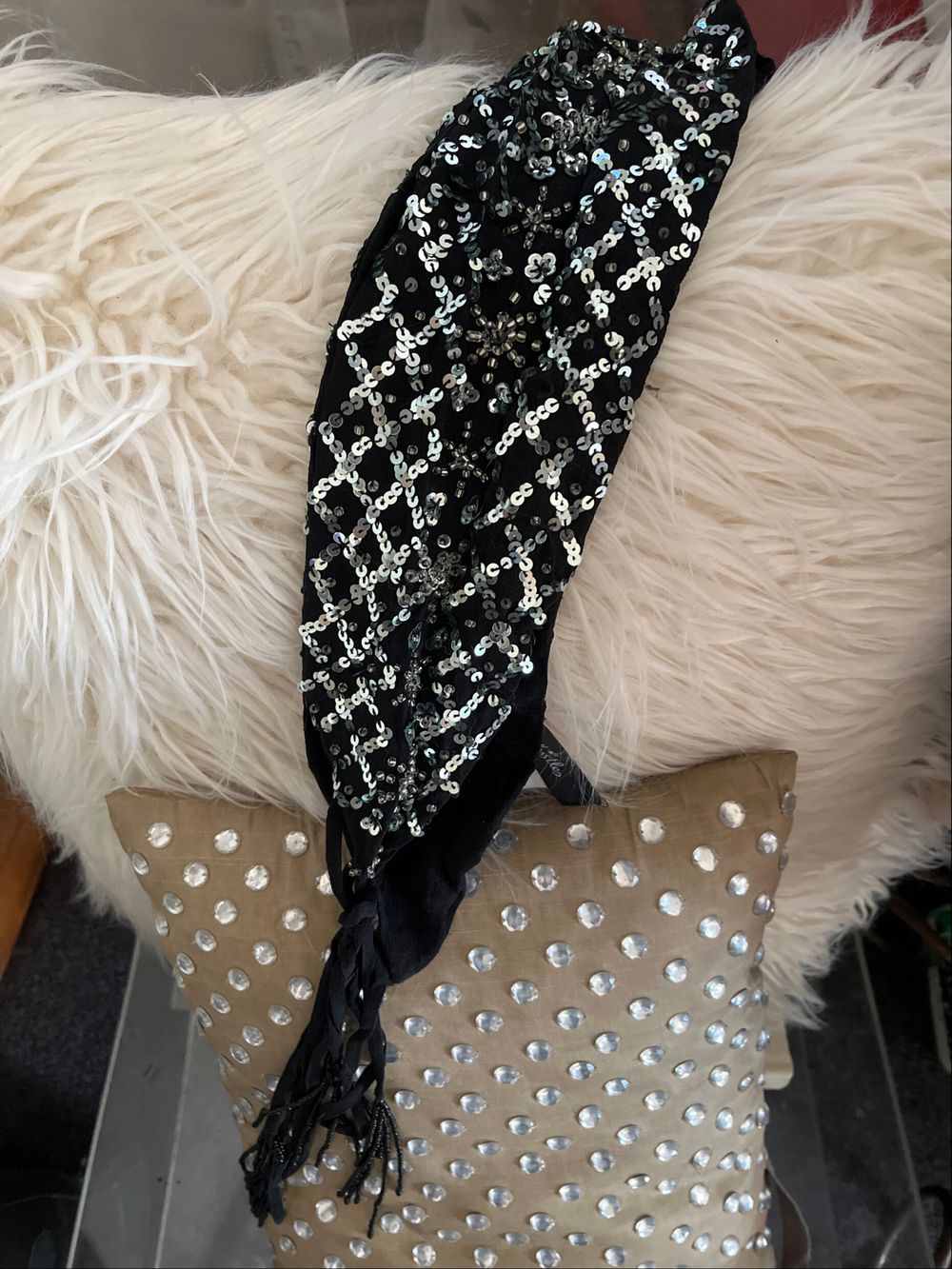 Whistles Black Silk Sequin Soft Wrap Around Belt With Tassels