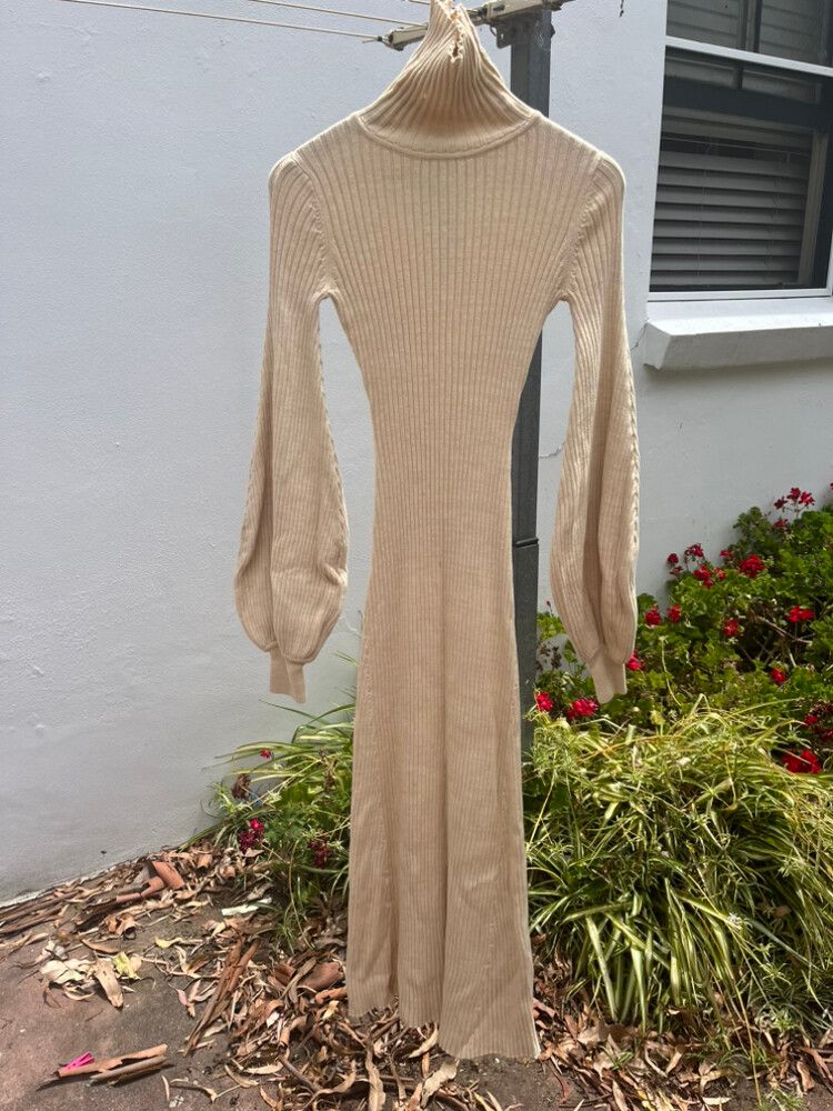 Anna Quan - Anna Quan Amalia bell sleeve long knit dress wheat colour on  Designer Wardrobe