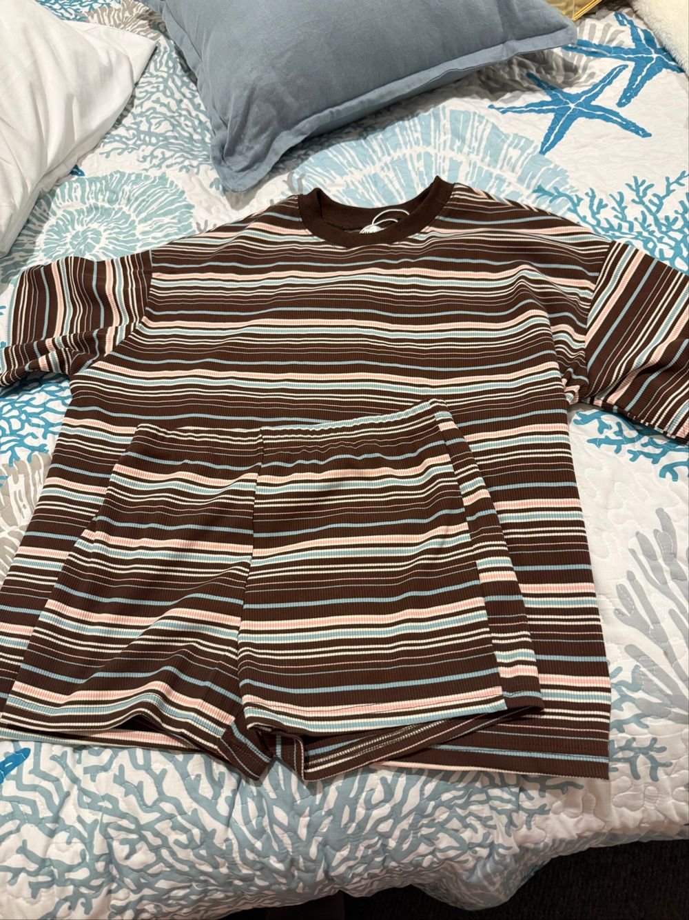 Brown Striped Ribbed Knit Matching Set