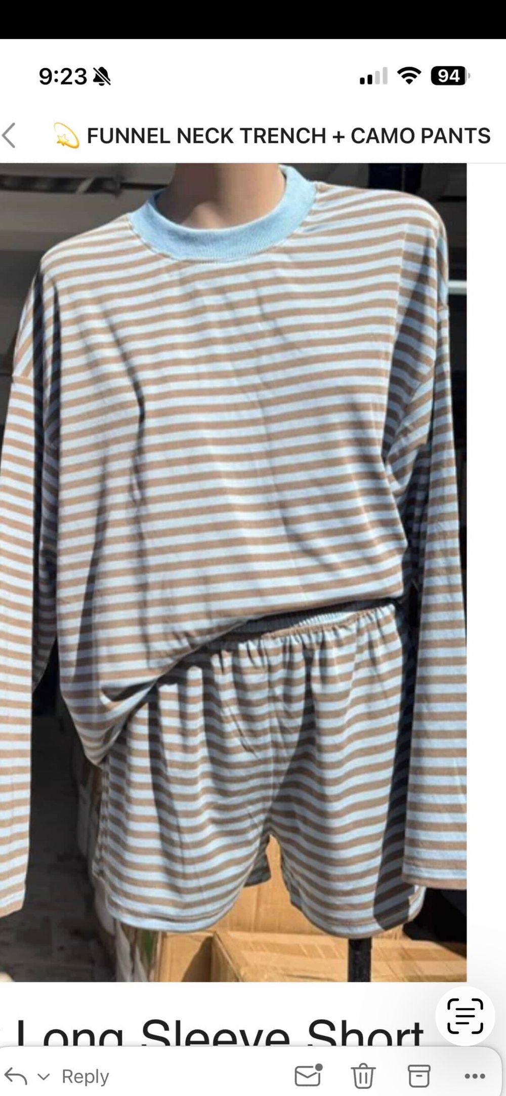 Beige And Blue Striped Long Sleeve Top And Shorts Set