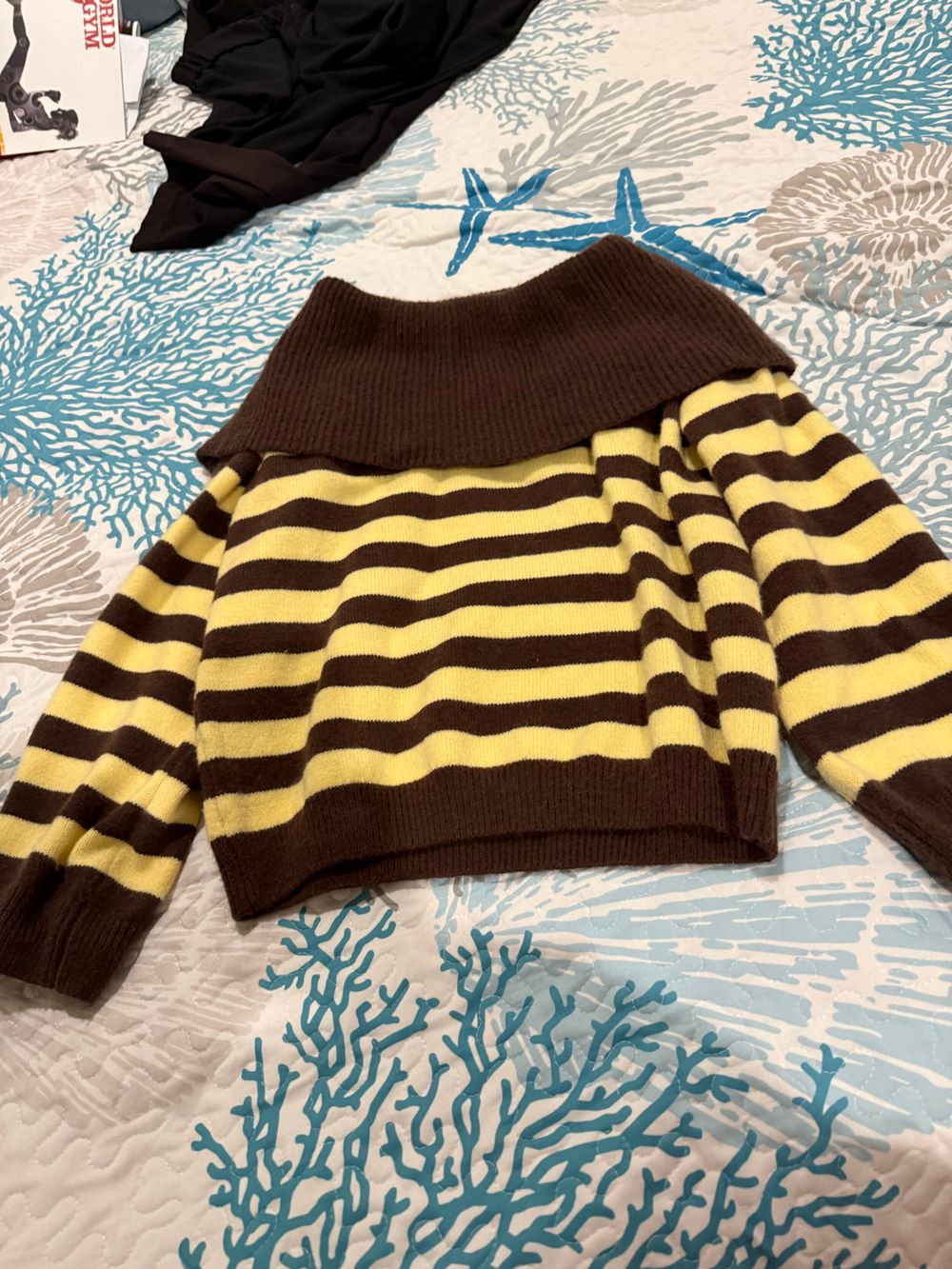 Brown And Yellow Striped Off-The-Shoulder Jumper