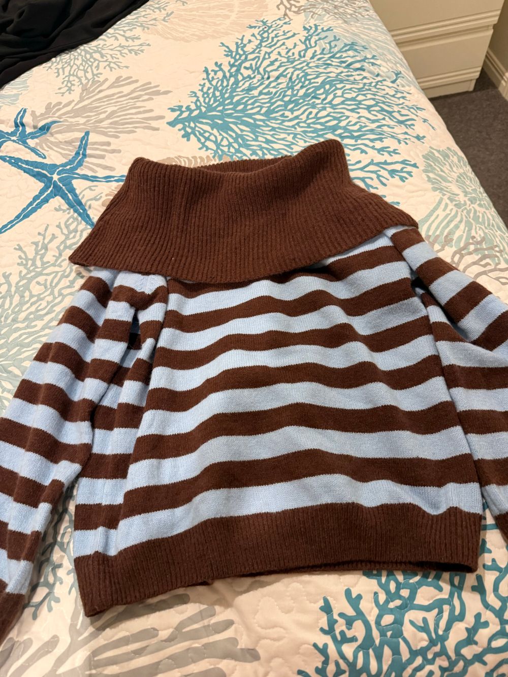 Brown And Blue Striped Off-Shoulder Fold-Over Knit Sweater