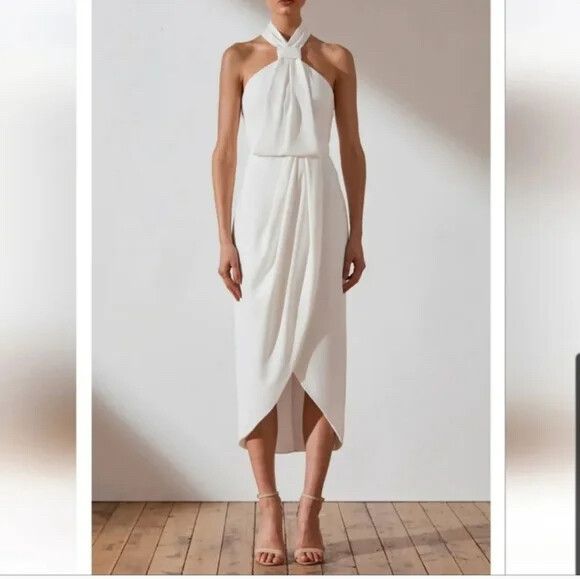 Shona Joy Knot Dress in Ivory Halter Neck Draped Tulip Hem Sz8