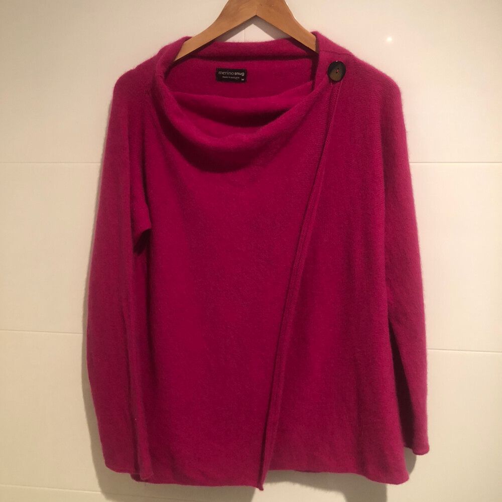 Merino Snug Possum Fur & Merino Wool Cardigan Dark Pink Button Wrap Closure AU M