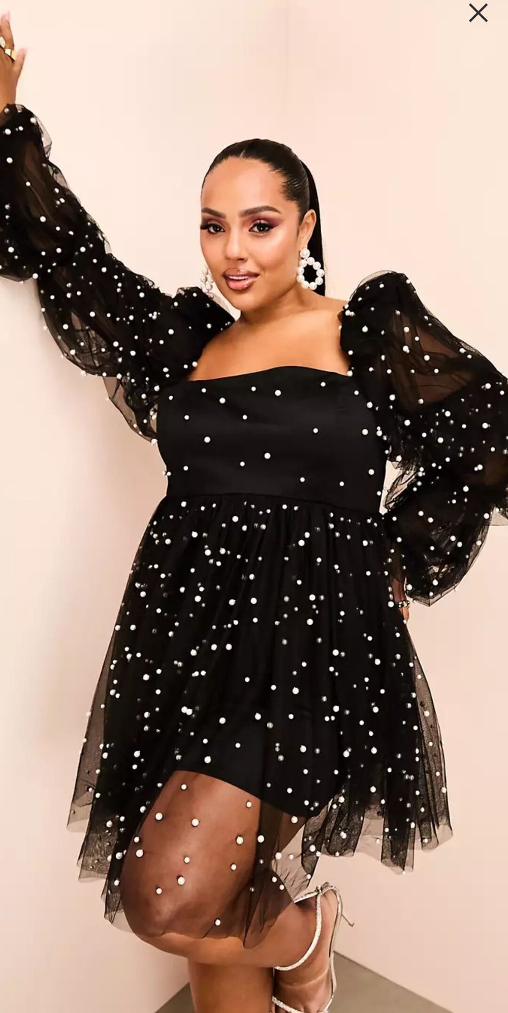 Asos Edition - Curve tulle baby doll dress with pearly establishment in  black on Designer Wardrobe