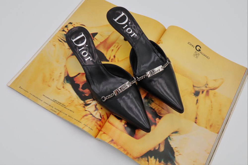 Dior by John Galliano Black Leather Logo Chain Mules | Size EU 35