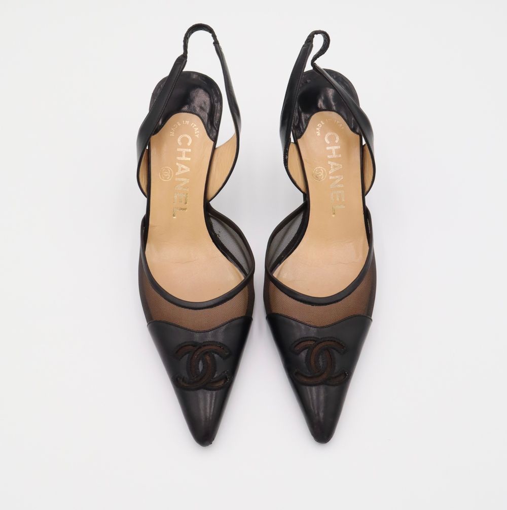 Vintage Chanel CC Mesh & Leather Pointed-Toe Slingbacks | 35