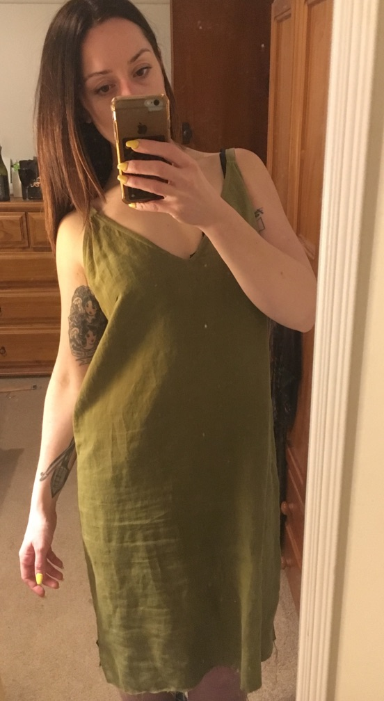Matin - Olive Linen Raw Hem Dress, Worn Once on Designer Wardrobe Matin - Olive Linen Raw Hem Dress, Worn Once on Designer Wardrobe