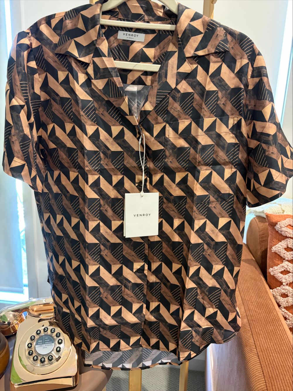 Venroy Brown Geometric Print Silk Shirt