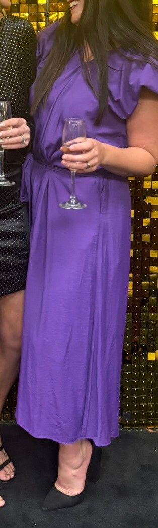 Puff sleeve purple Dress with lining and tie