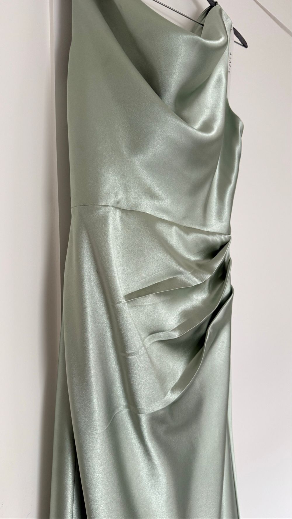 Azazie Green Satin Maxi Dress off shoulder