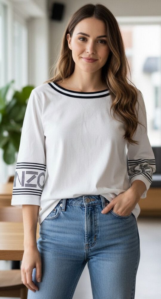 Kenzo Designer Paris Black & White 3/4 Sleeve Top