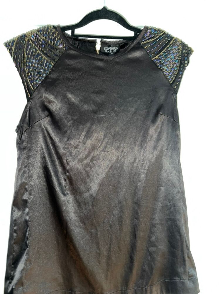 Topshop London Satin Beaded Shoulder Detail Top Size 8