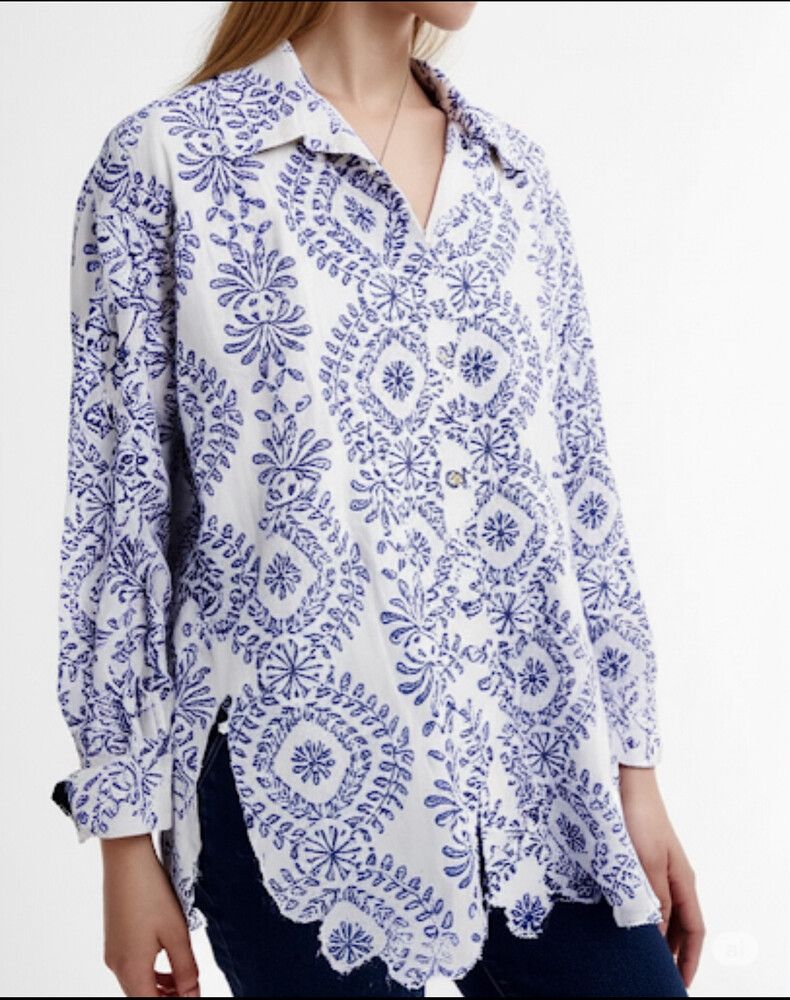 Zara Designer White Blue Cutout Shirt