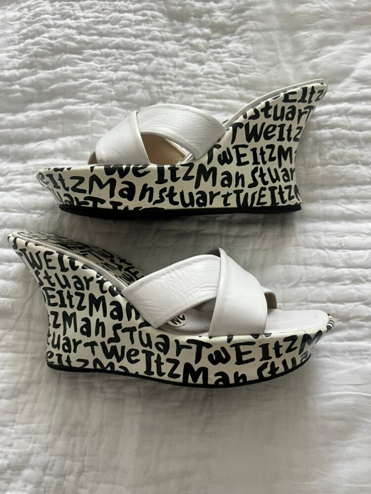 Stuart Weitzman White Leather Criss Cross Wedge Heels Slide Sandals Size 38.5