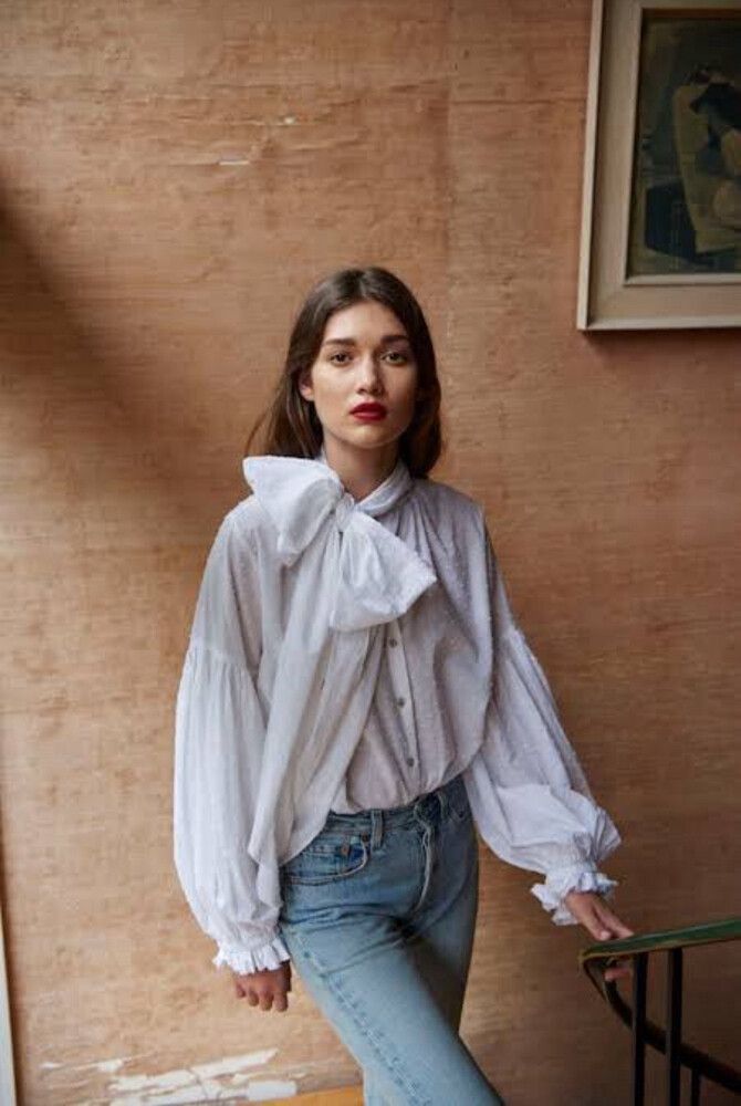Mahsa Designer White Swiss Dot Tie Long Sleeve Blouse