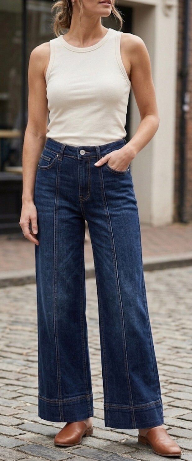 Denim Republic Dark Denim Wide Leg Seam Detail Jeans Size 12