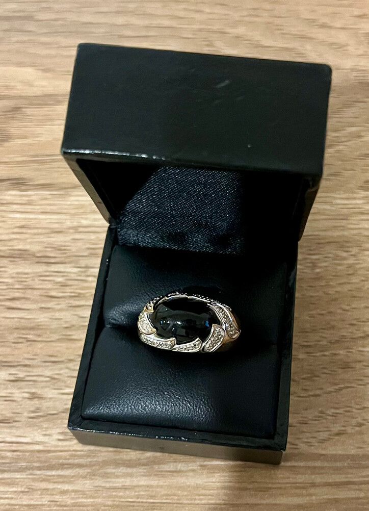 Karen Walker 9ct Yellow Gold Black Onyx Cocktail Ring With White Diamonds