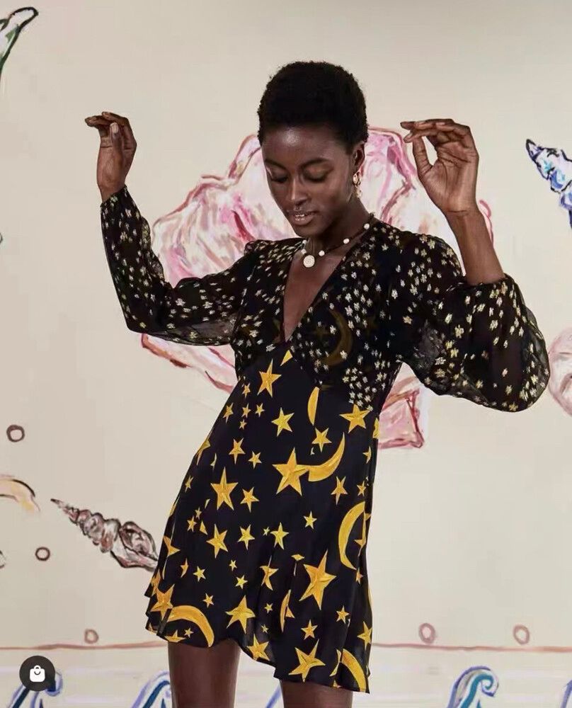 Rixo Black Gold Star Moon Mini Dress Size S/P