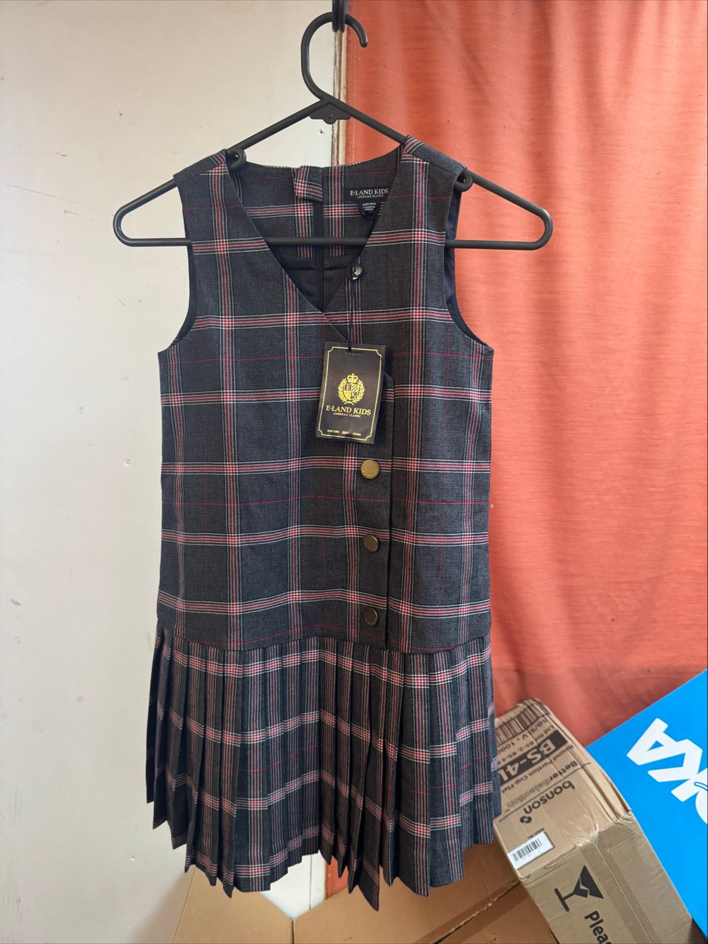 E·Land Kids Grey Plaid Pleated Dress