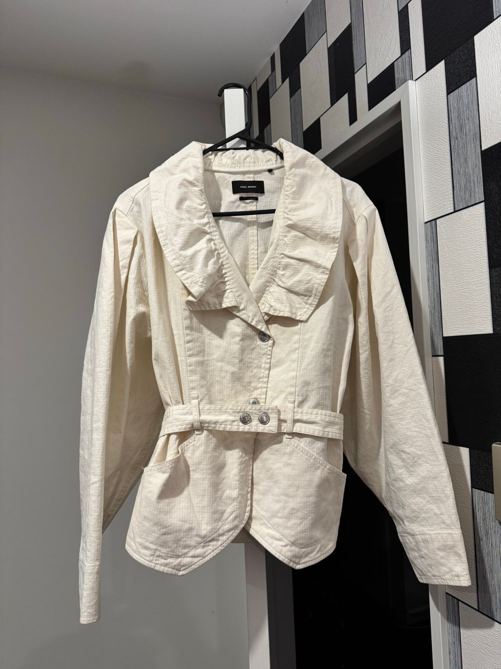Epaline Belted Ruffled Cotton Linen Blend Jacket