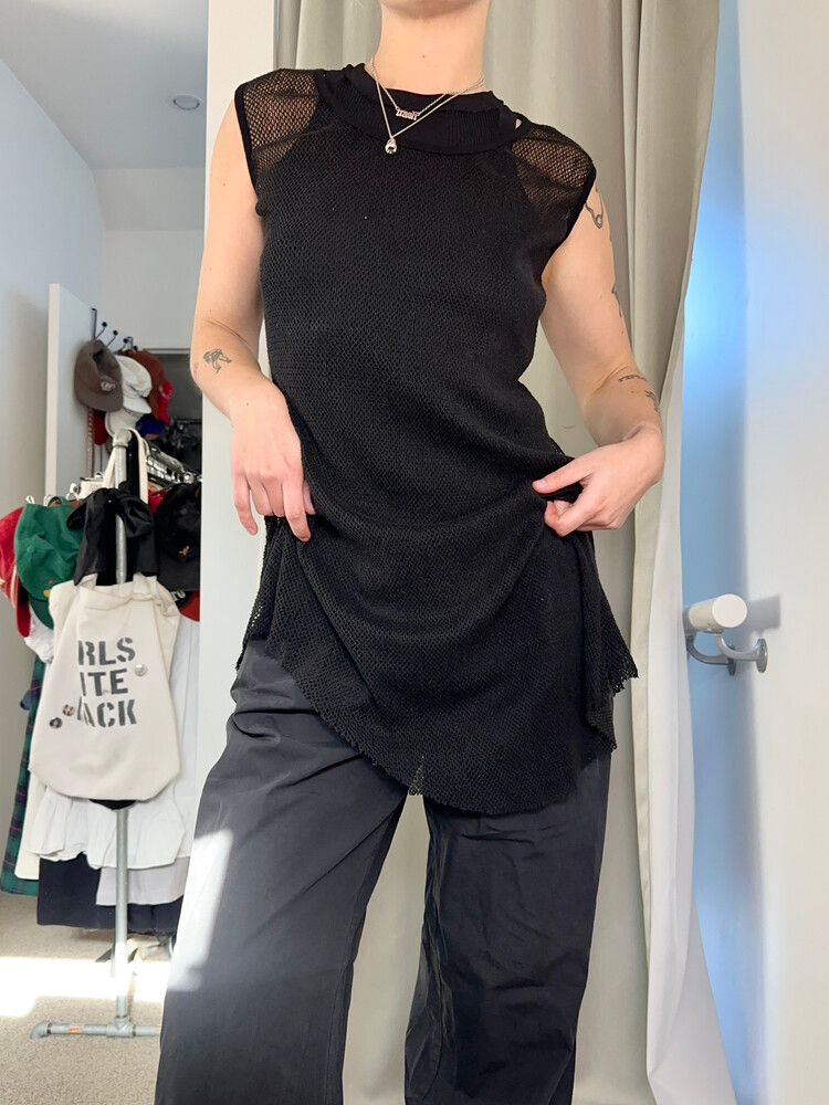 Taylor Black Mesh Longline Top With Asymmetrical Raw Hem