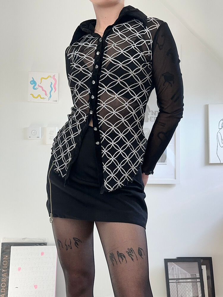 Roisin Dubh Black Mesh Screen Printed Button Up Shirt