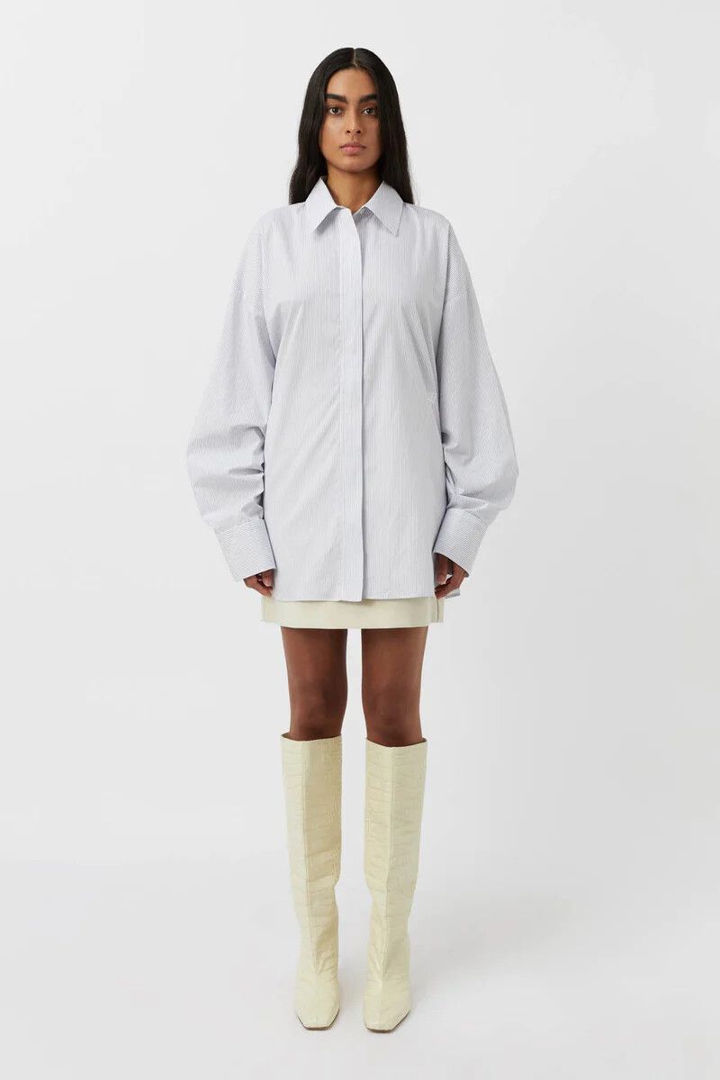 Mathilde Stripe Cotton Shirt in White and Blue Stripe