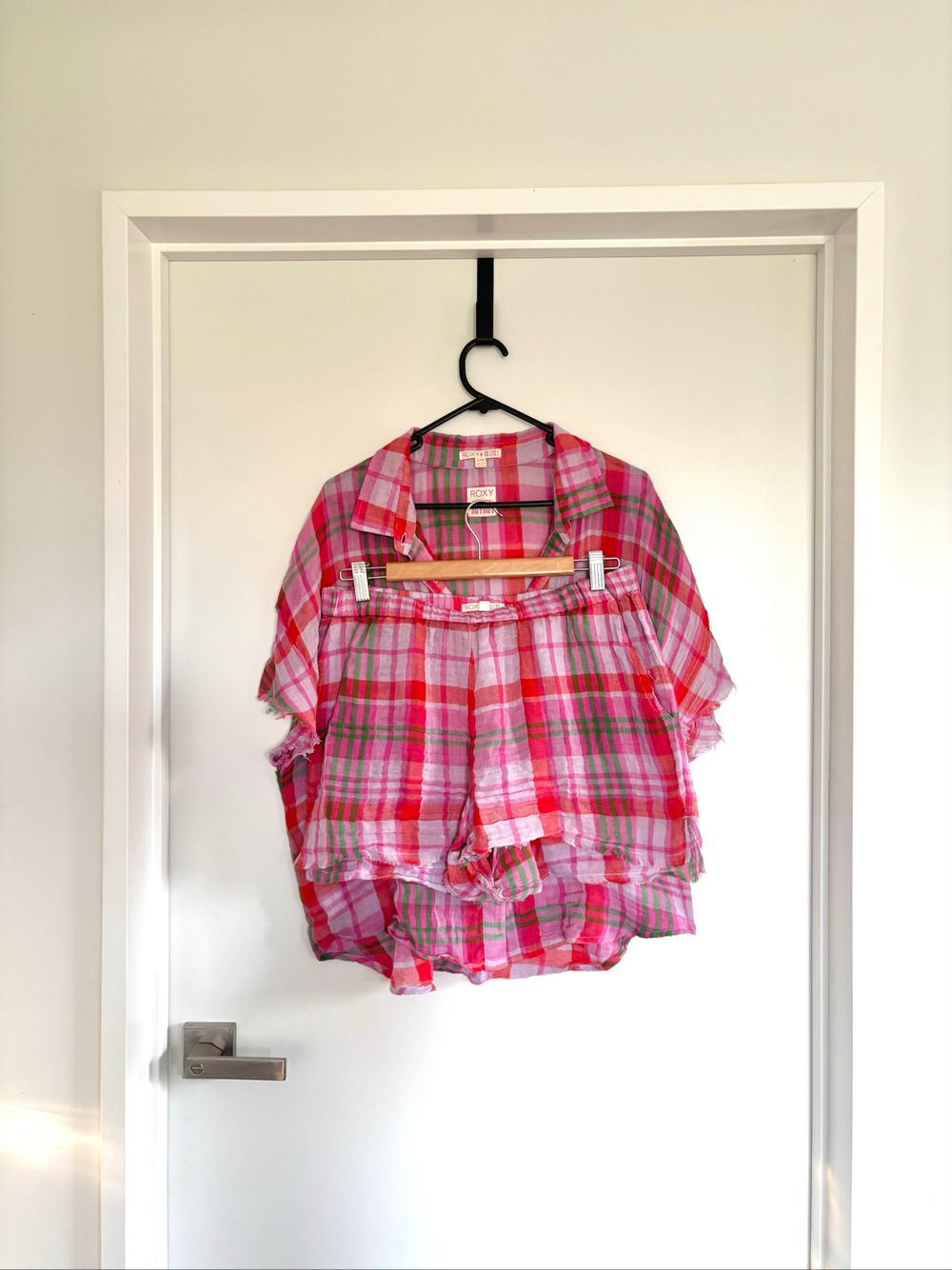Roxy Mimi Pink Plaid Shirt and Shorts Set