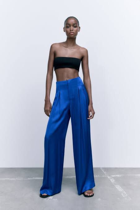 Zara - Blue Satin Trouser Pant on Designer Wardrobe