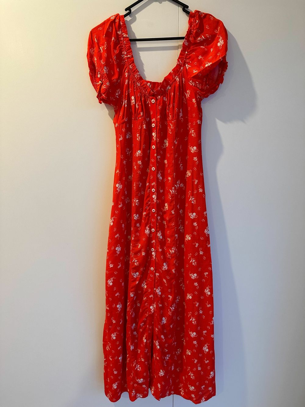 knee length dresses for ladies H&M Blue/Pink Floral Ruffle Neck Long Sleeve Smocked Cuff Dress NWT- S   The Saved Collection