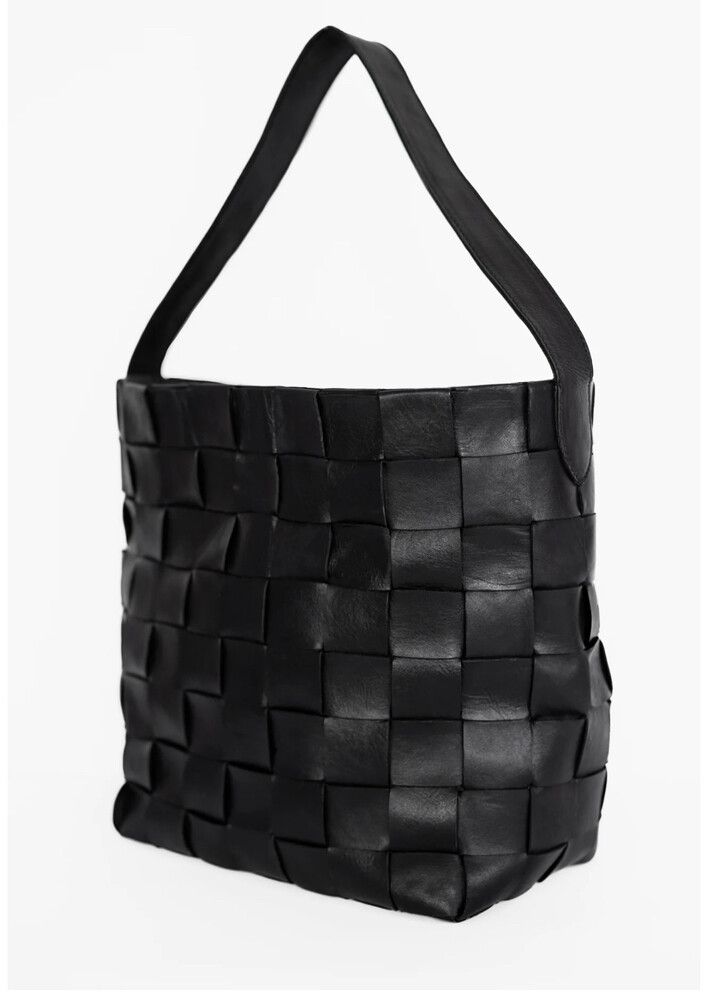 Beiged Woven Black Leather Bucket Tote