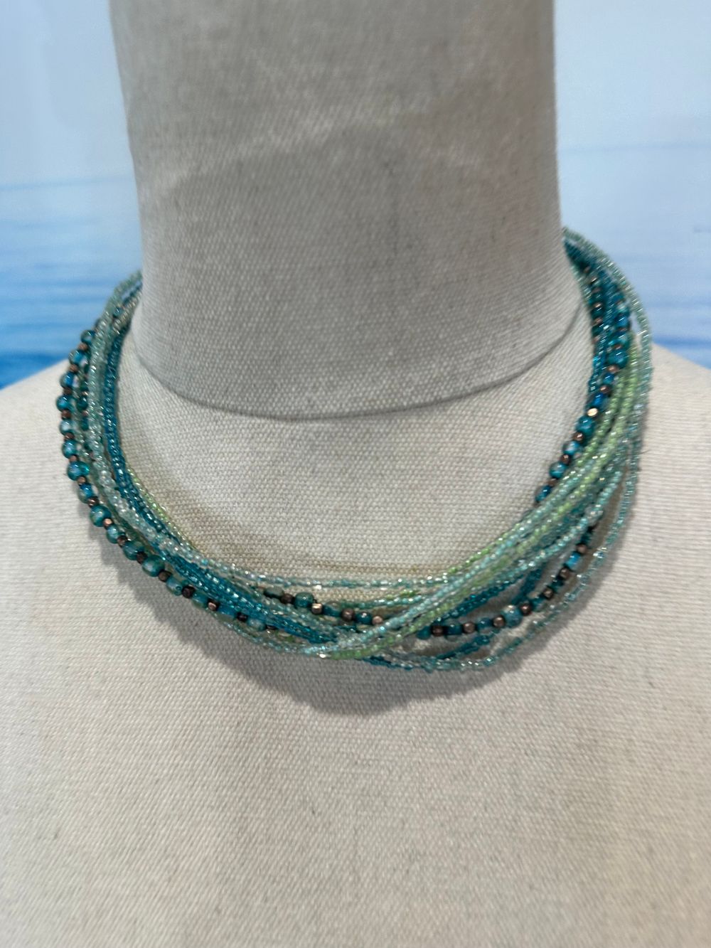 Multi-Strand Bead Necklace Aqua Green Clear Statement Jewelry